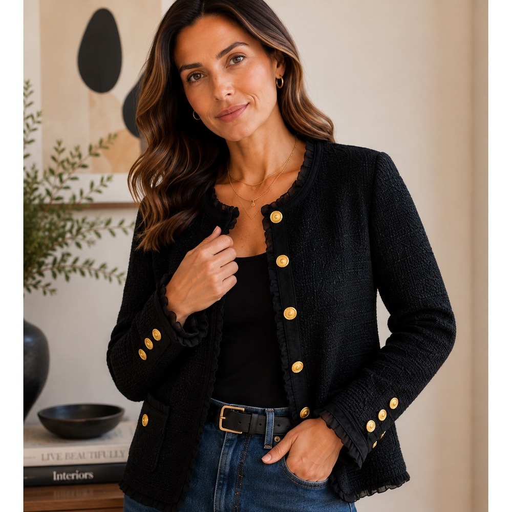 Chic Boucle Tweed Jacket Gold Button Ruffle Trim Quiet Luxury Chic Sz 10